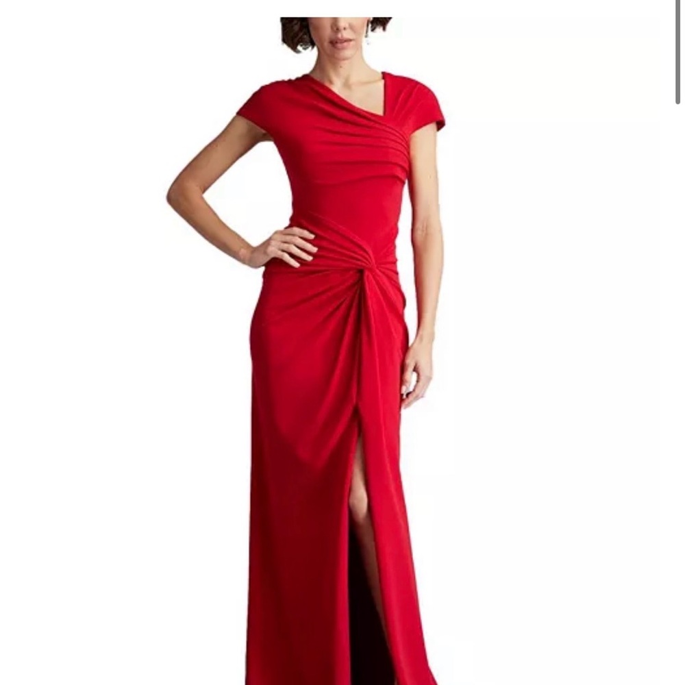 Tadashi Shoji Red Ruched Gown | Cap Sleeve, Twist Waist | Formal Prom Gala Dress